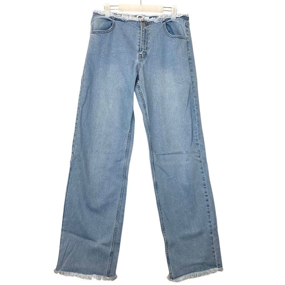 Mistress Rocks Frayed Low Rise Straight Leg In Awe Light Wash Denim Jeans Small